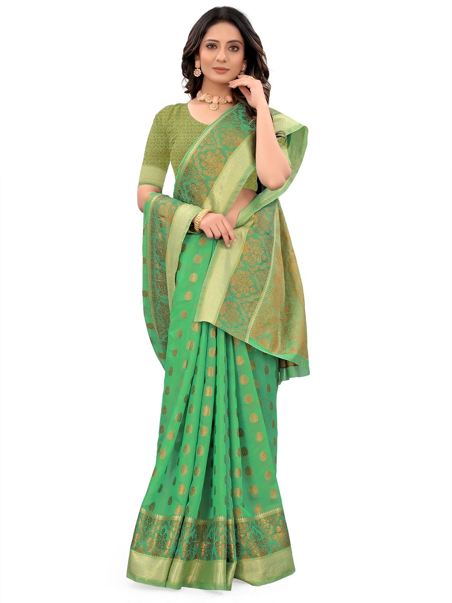 AWRIYA | AWRIYA Presents MINA green colour saree with woven work on blended_cotton fabric zari_woven designer banarasi-sarees with Blouse piece 4