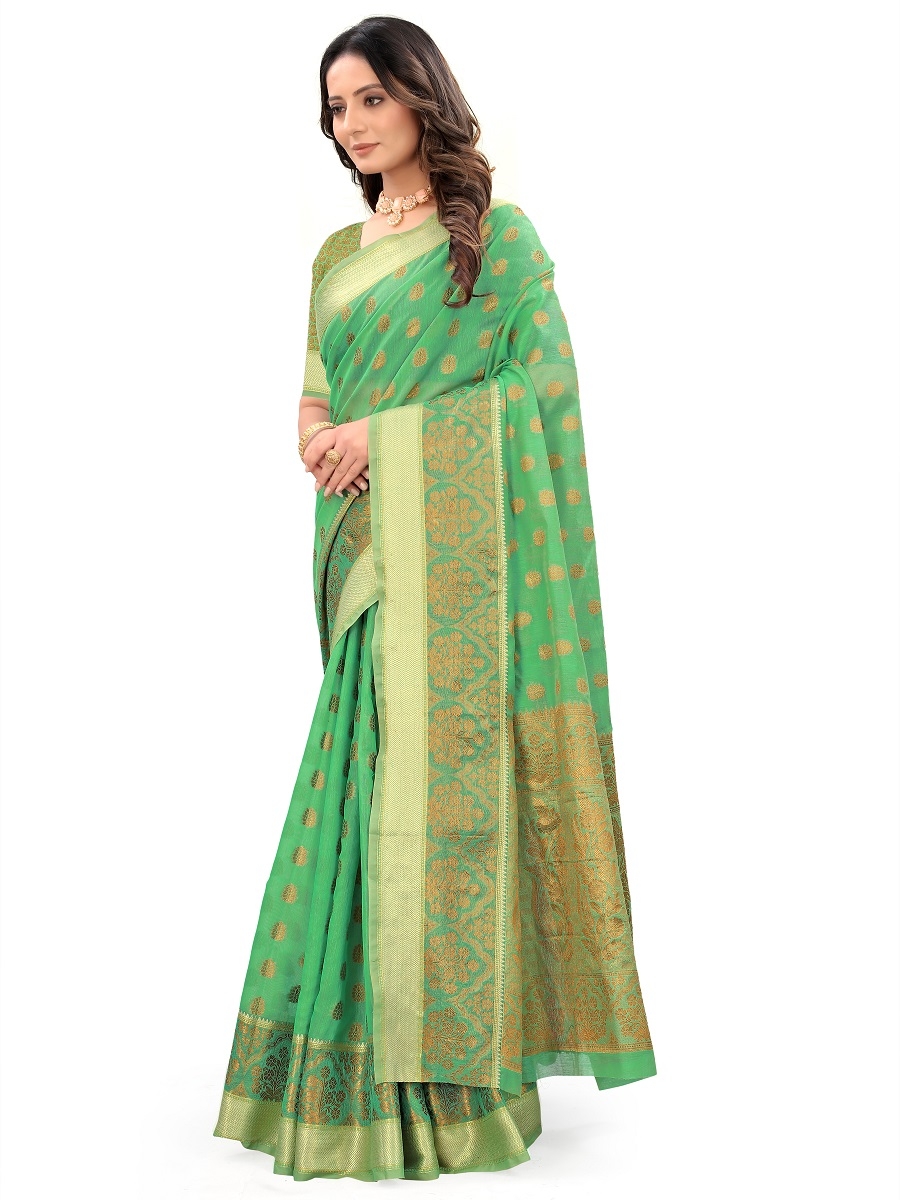 AWRIYA | AWRIYA Presents MINA green colour saree with woven work on blended_cotton fabric zari_woven designer banarasi-sarees with Blouse piece 2