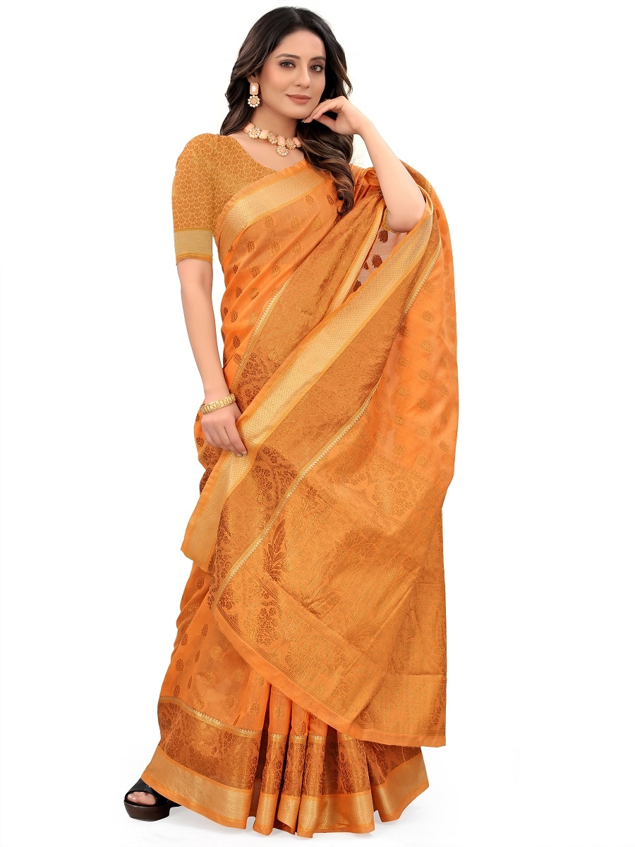 AWRIYA | AWRIYA Presents MINA orange colour saree with woven work on blended_cotton fabric zari_woven designer banarasi-sarees with Blouse piece 3