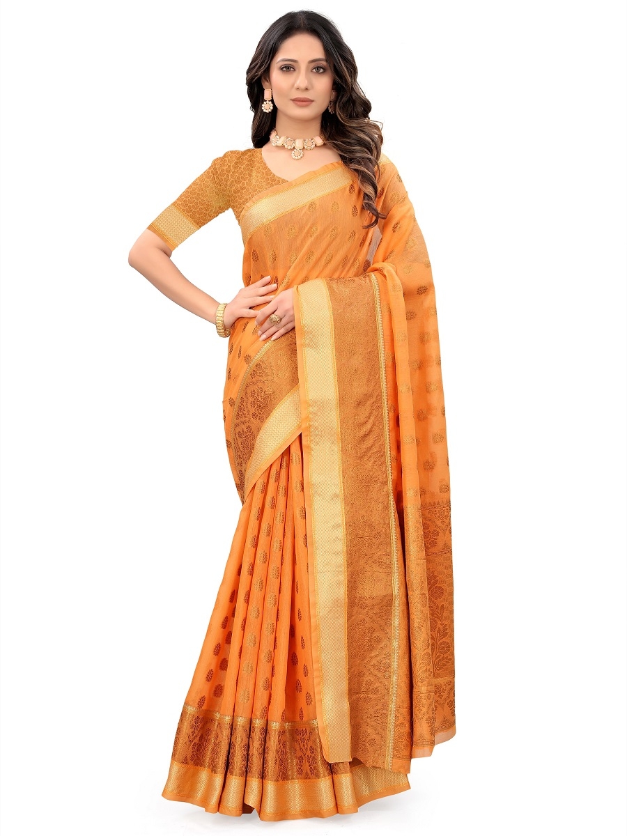 AWRIYA | AWRIYA Presents MINA orange colour saree with woven work on blended_cotton fabric zari_woven designer banarasi-sarees with Blouse piece 0
