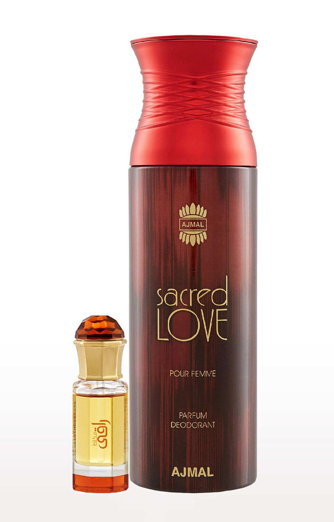 Ajmal Mukhallat Raaqi Concentrated Perfume Oil Fruity Alcohol-free Attar 10ml for Unisex and Sacred Love Deodorant Musky Fragrance 200ml for Women