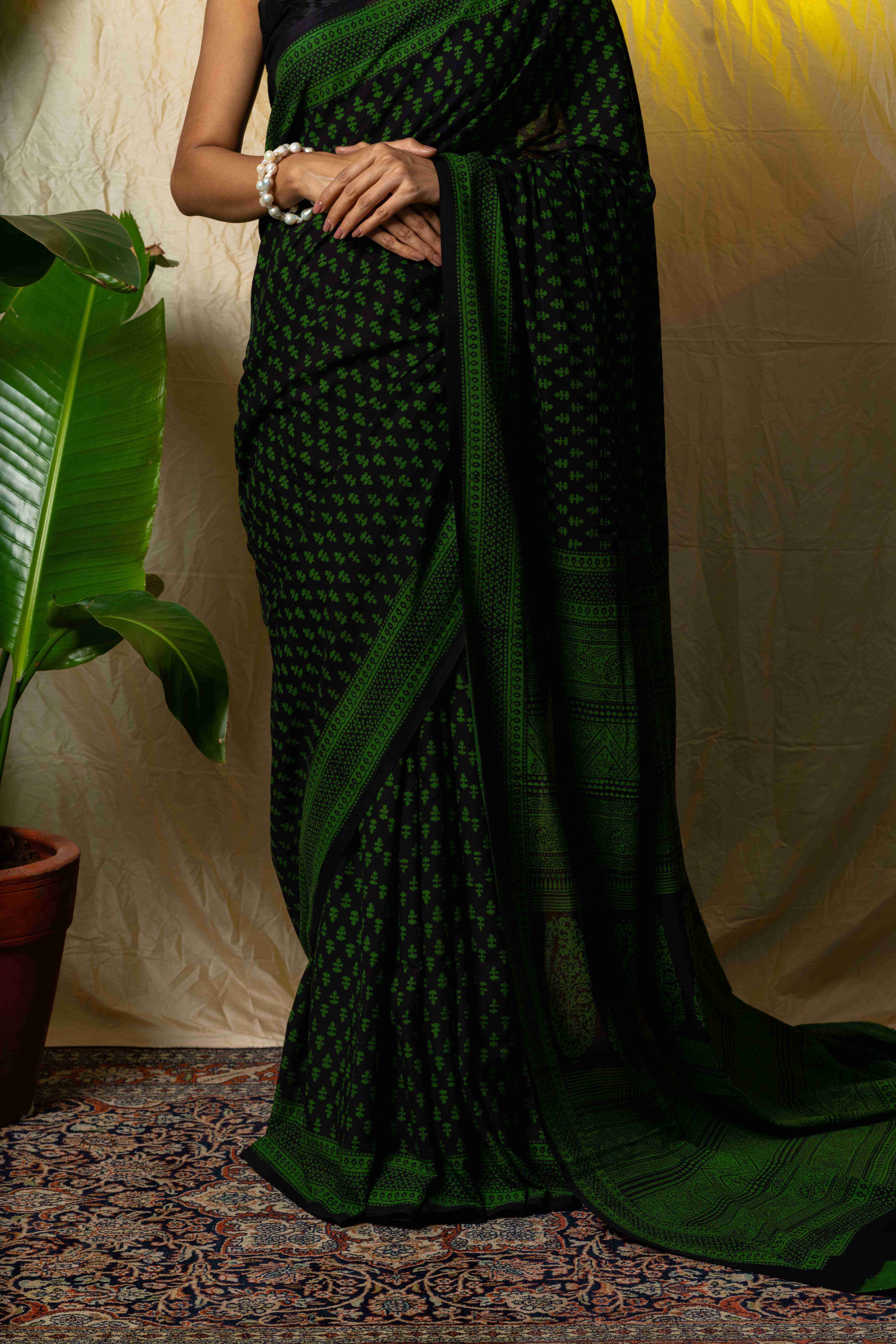 Black handblock printed Bagh cotton saree