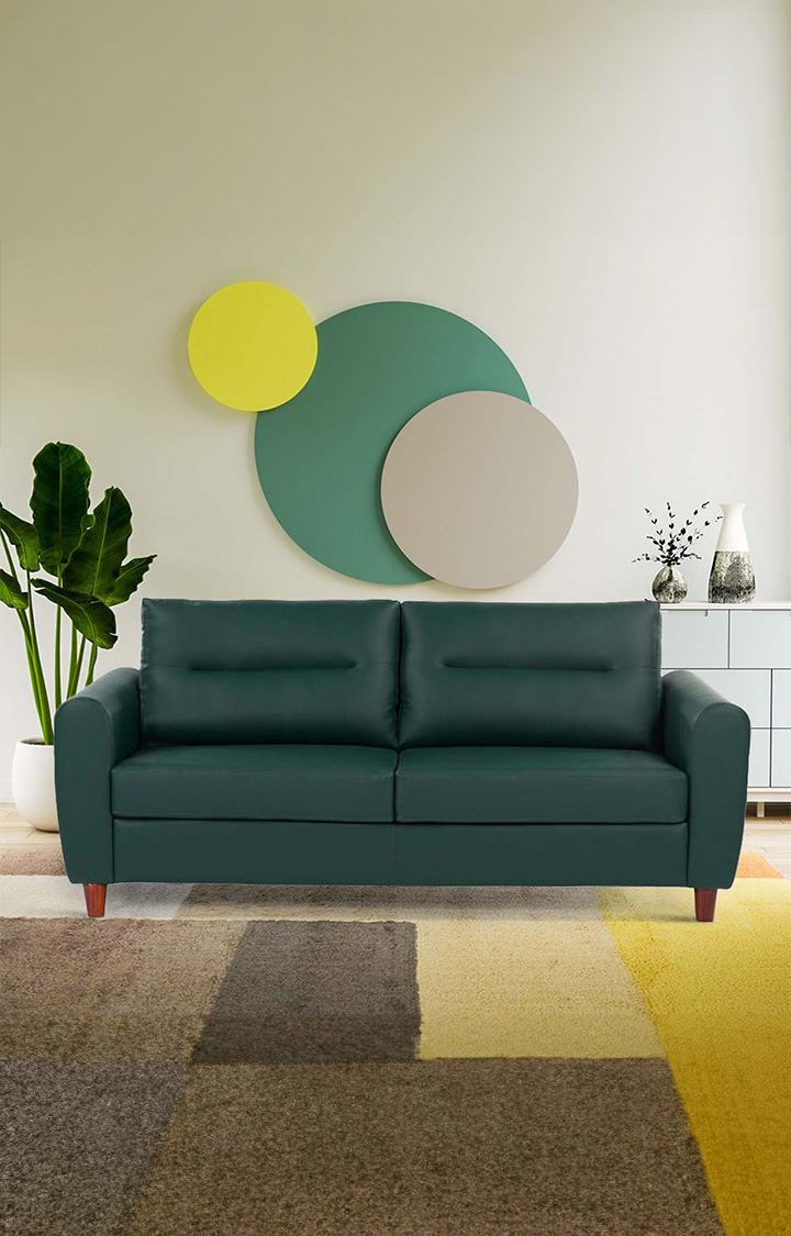 neudot Scott Sofa for Living Room |3 Persons Sofa|Premium Leatherette with Cushioned Armrest | Solid Wood Frame|3 Seater in Castle Green Color