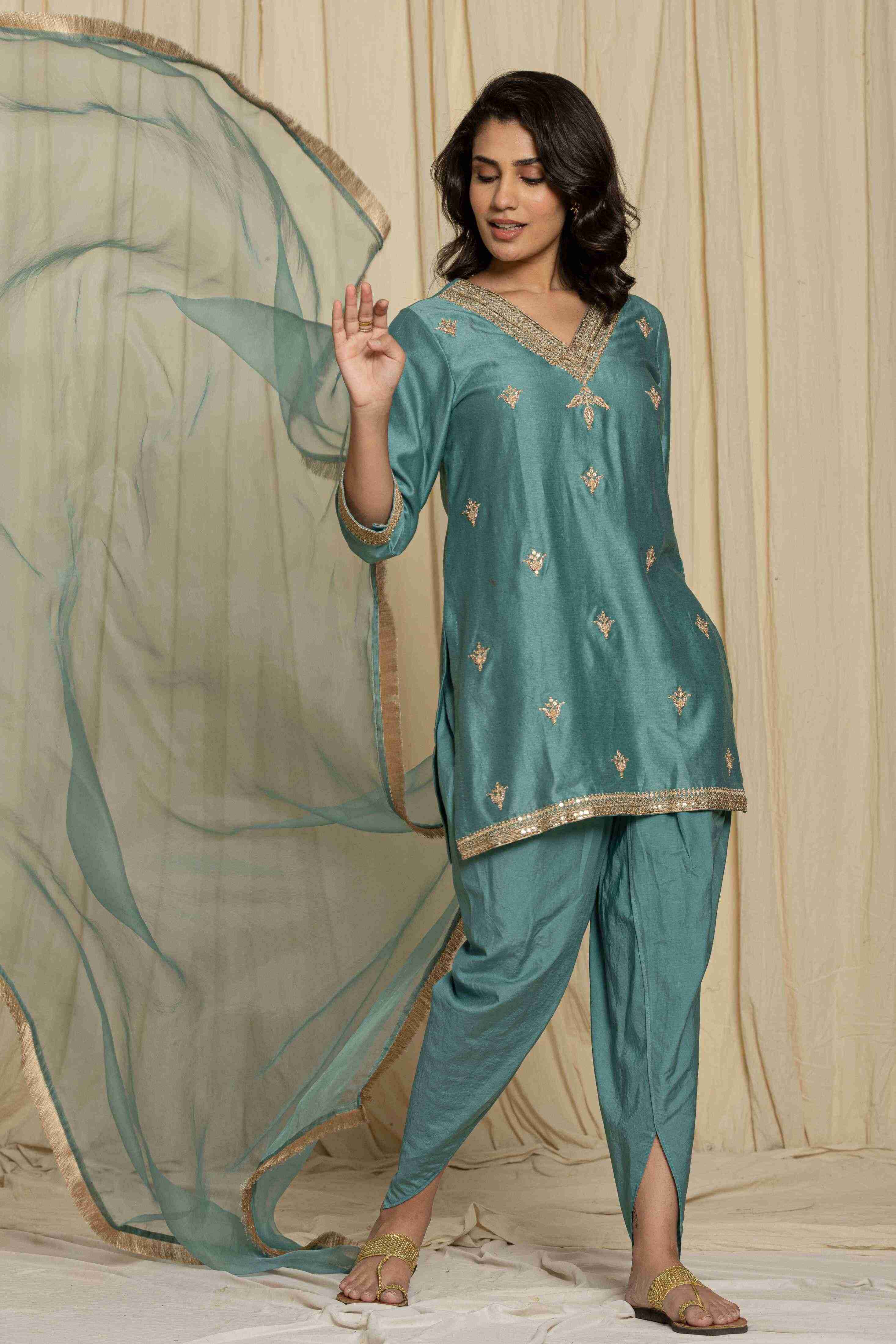 Teal blue handwork kurta with tulip pant