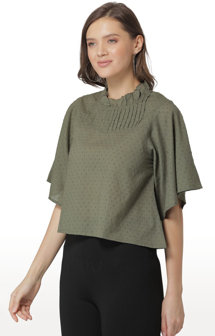 Modriba Cotton Olive Green Pintuck Cropped Top with Flared Sleeves