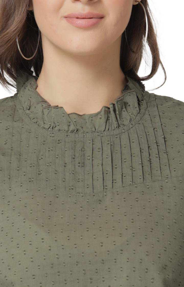 Modriba Cotton Olive Green Pintuck Cropped Top with Flared Sleeves