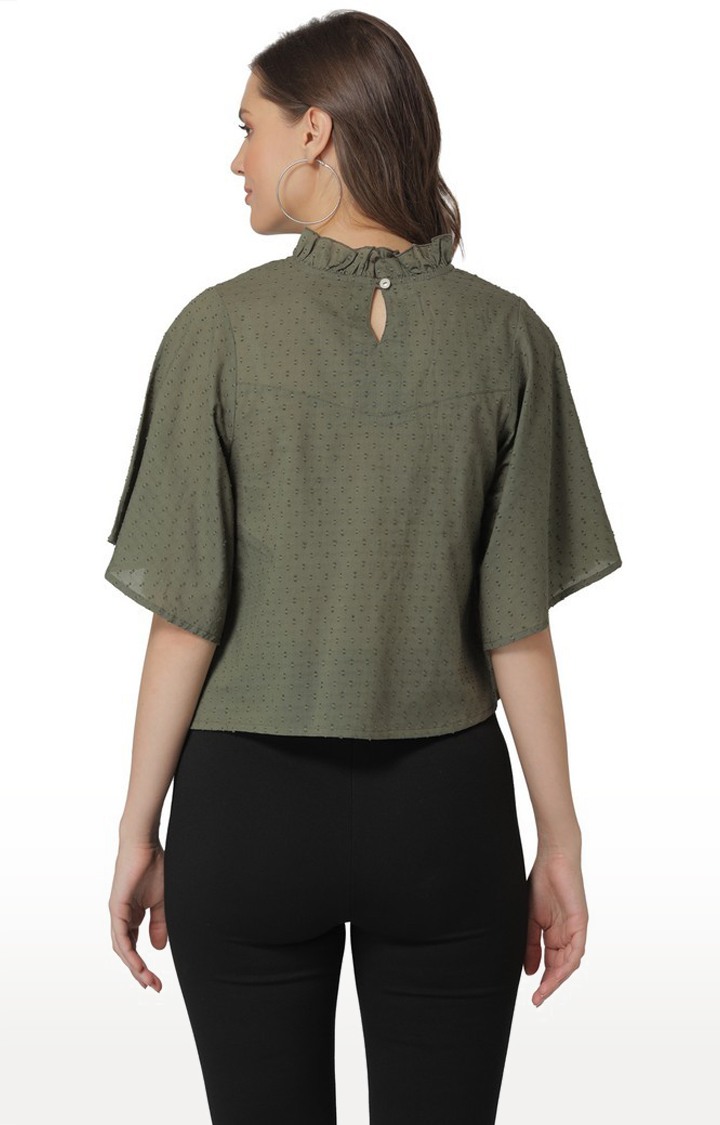 Modriba Cotton Olive Green Pintuck Cropped Top with Flared Sleeves
