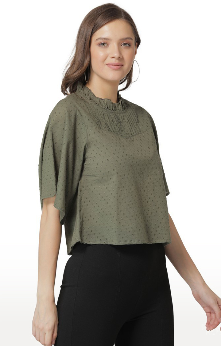 Modriba Cotton Olive Green Pintuck Cropped Top with Flared Sleeves