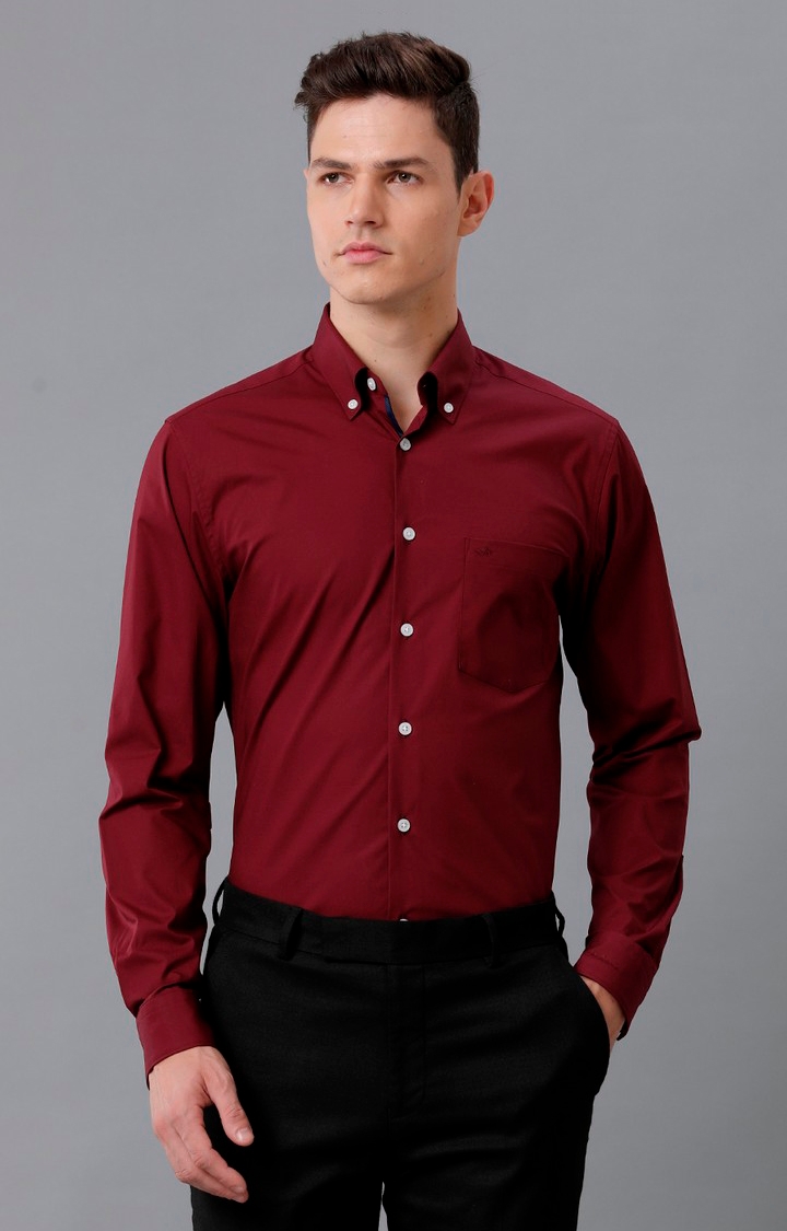 Men's Red Cotton Solid Formal Shirt