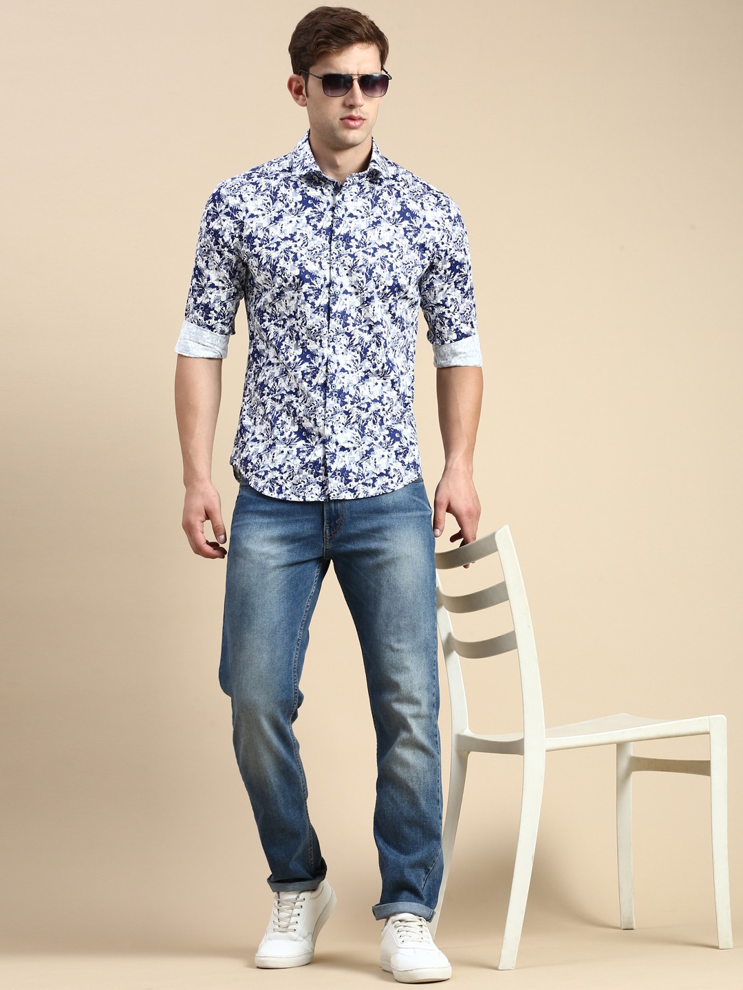 SHOWOFF Men's Spread Collar Blue Slim Fit Printed Shirt