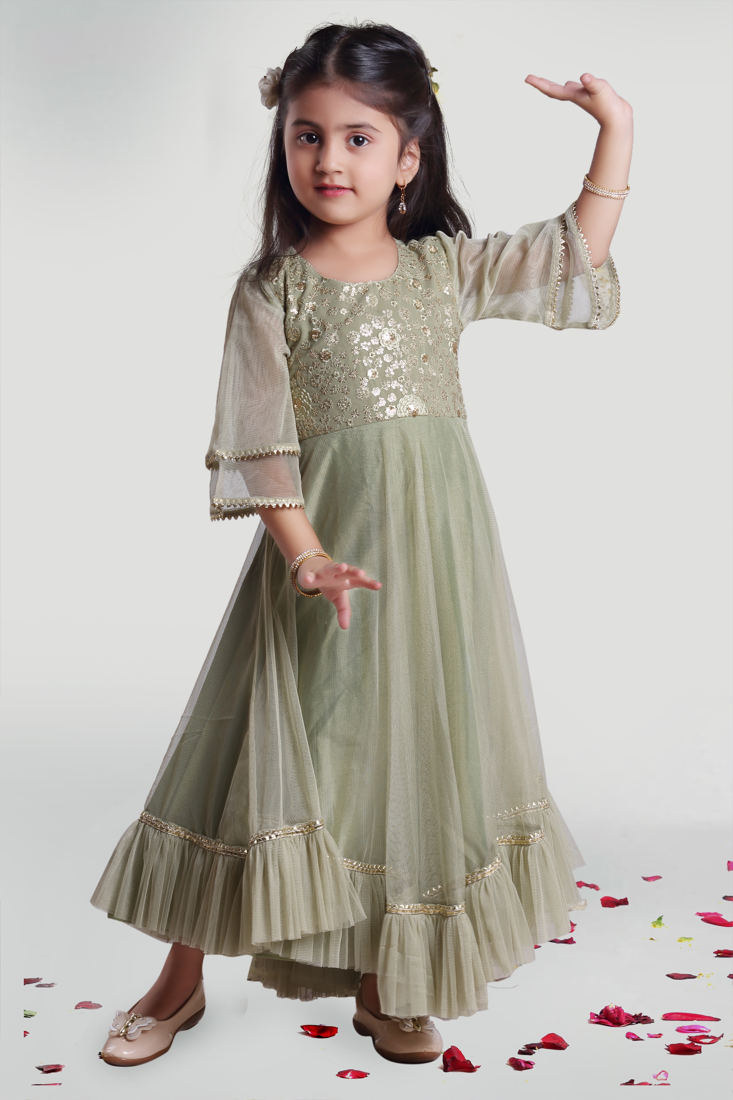 MINI CHIC | Pastel Olive Summer Gown for Girls  0