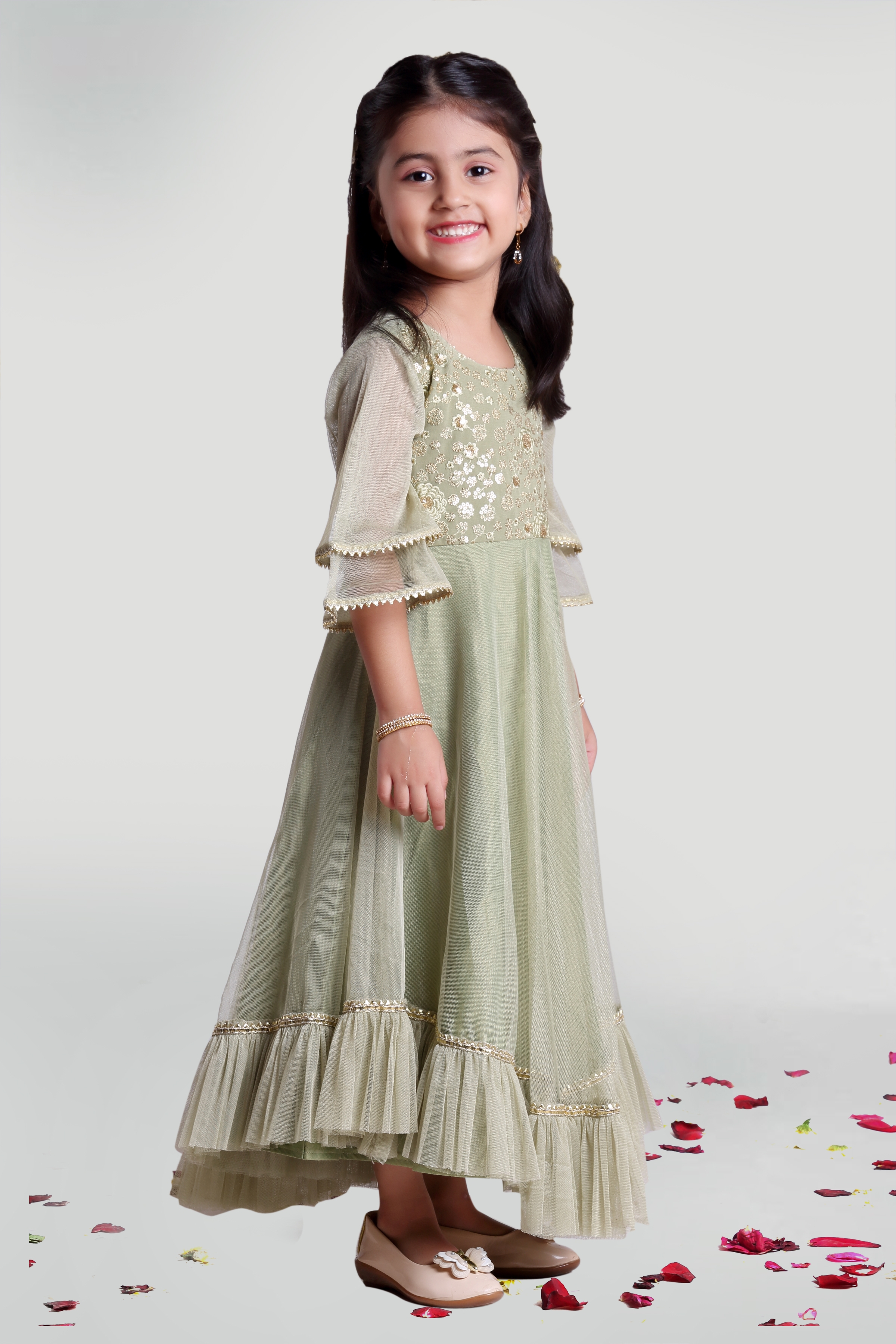 MINI CHIC | Pastel Olive Summer Gown for Girls  1