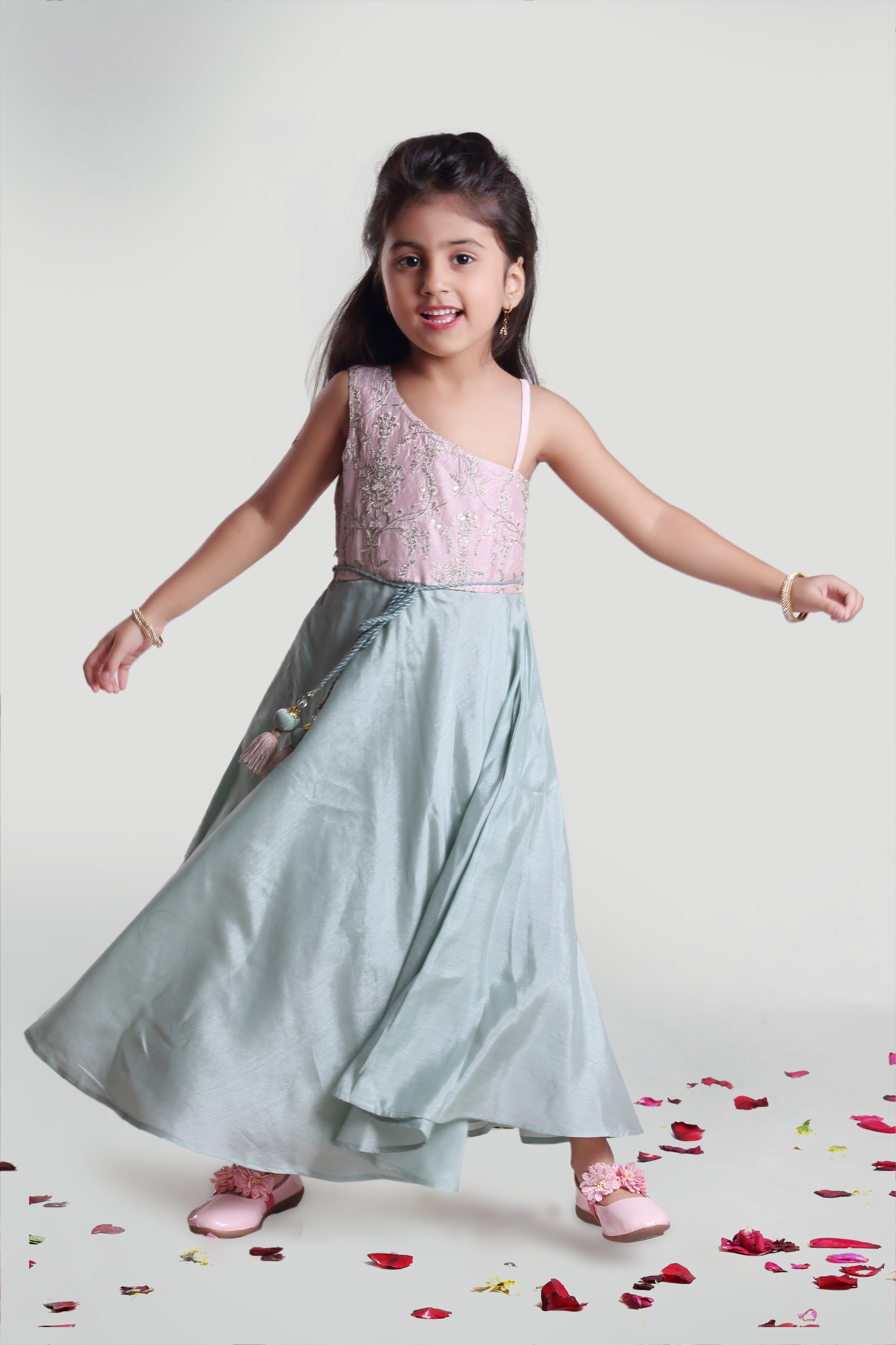 MINI CHIC | Girls Sea Green and Pastel Pink Party Gown 0