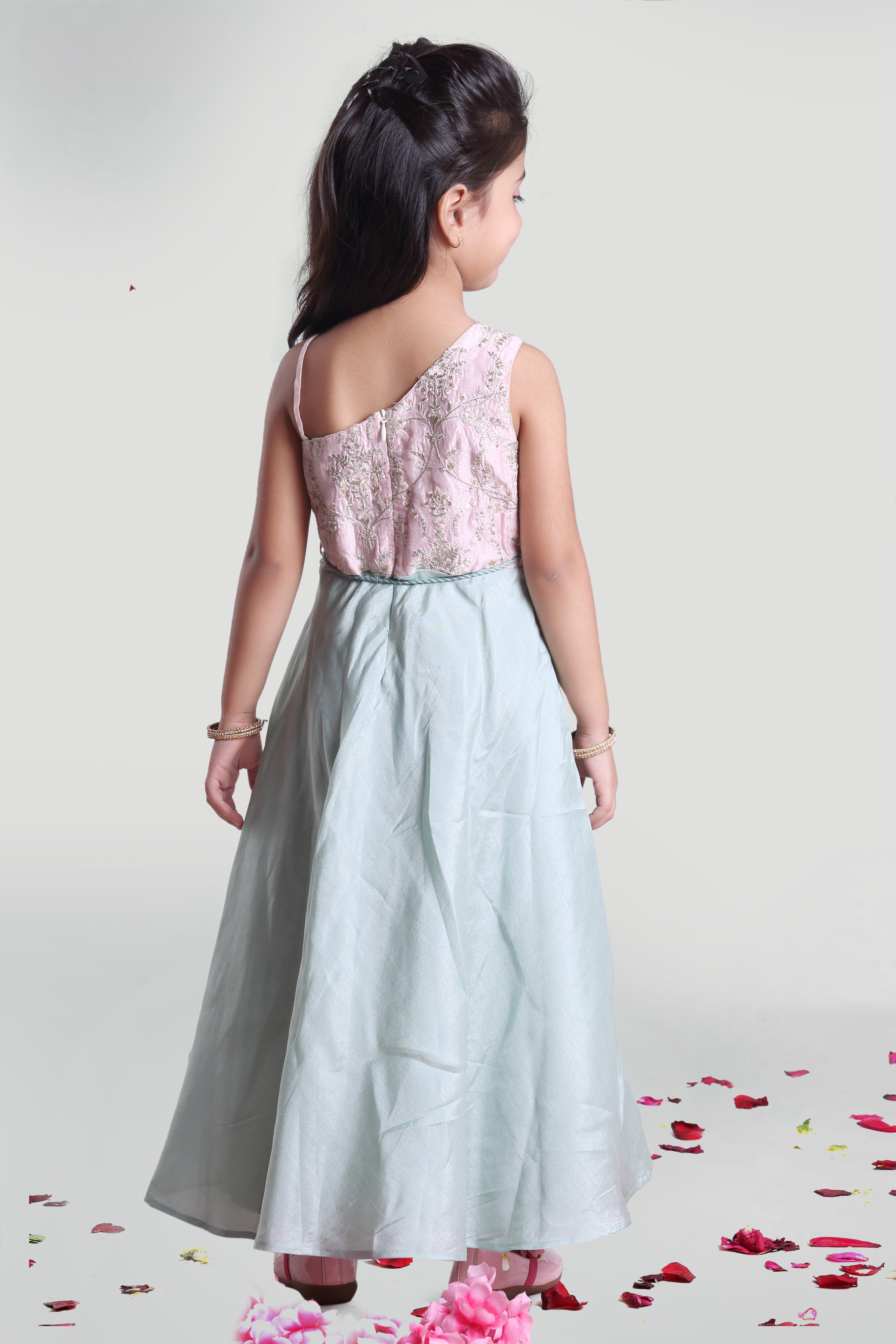MINI CHIC | Girls Sea Green and Pastel Pink Party Gown 1