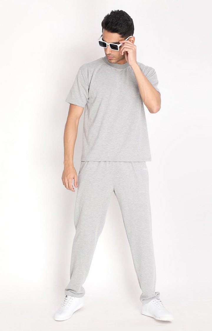Men's Light Grey Melange Textured Cotton Trackpant