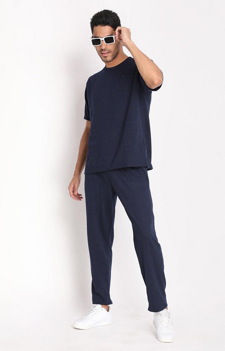 Men's Navy Blue Solid Cotton Trackpant