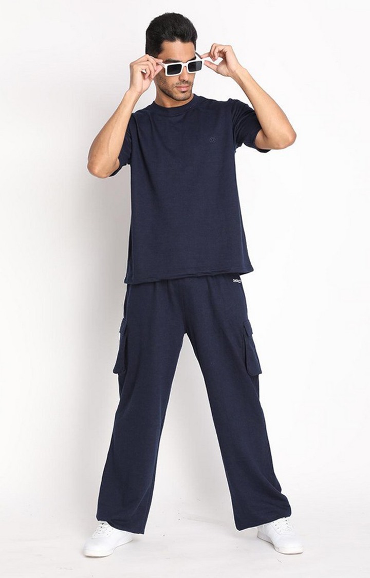 Men's Navy Blue Solid Cotton Cargo