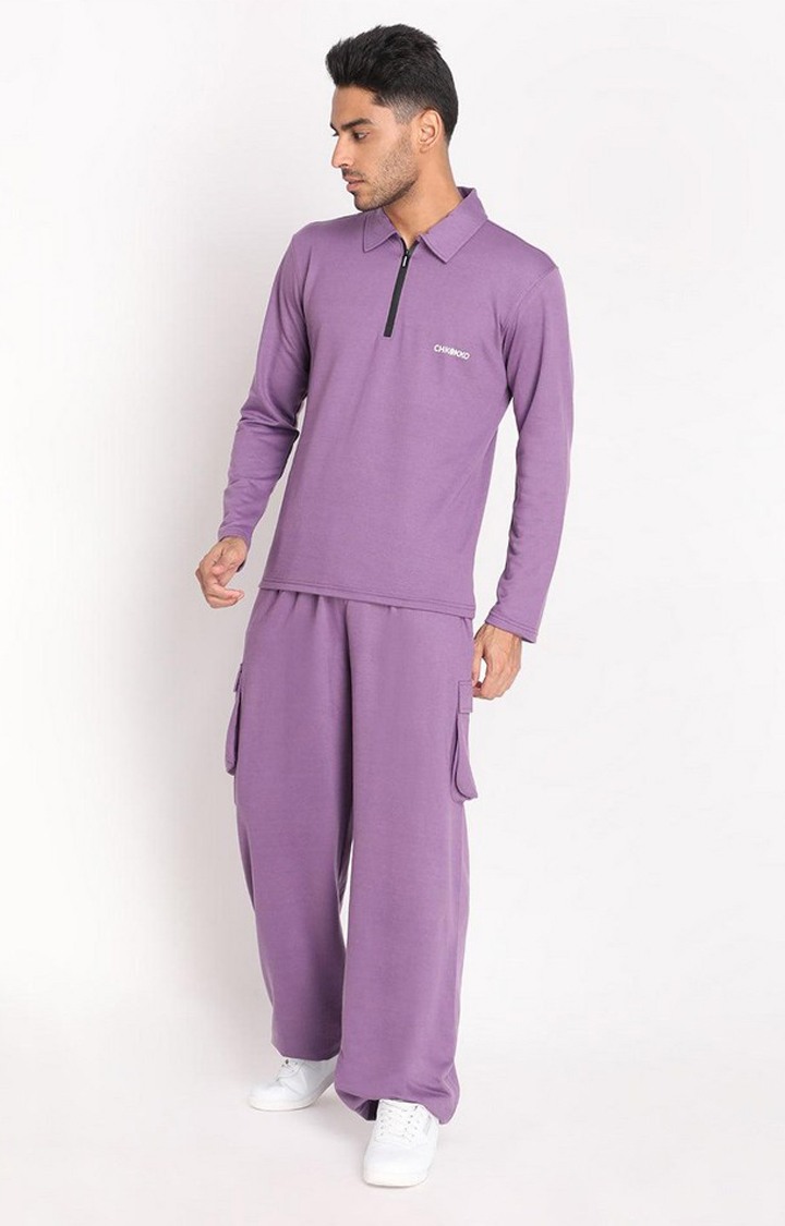 Men's Purple Solid Cotton Cargo