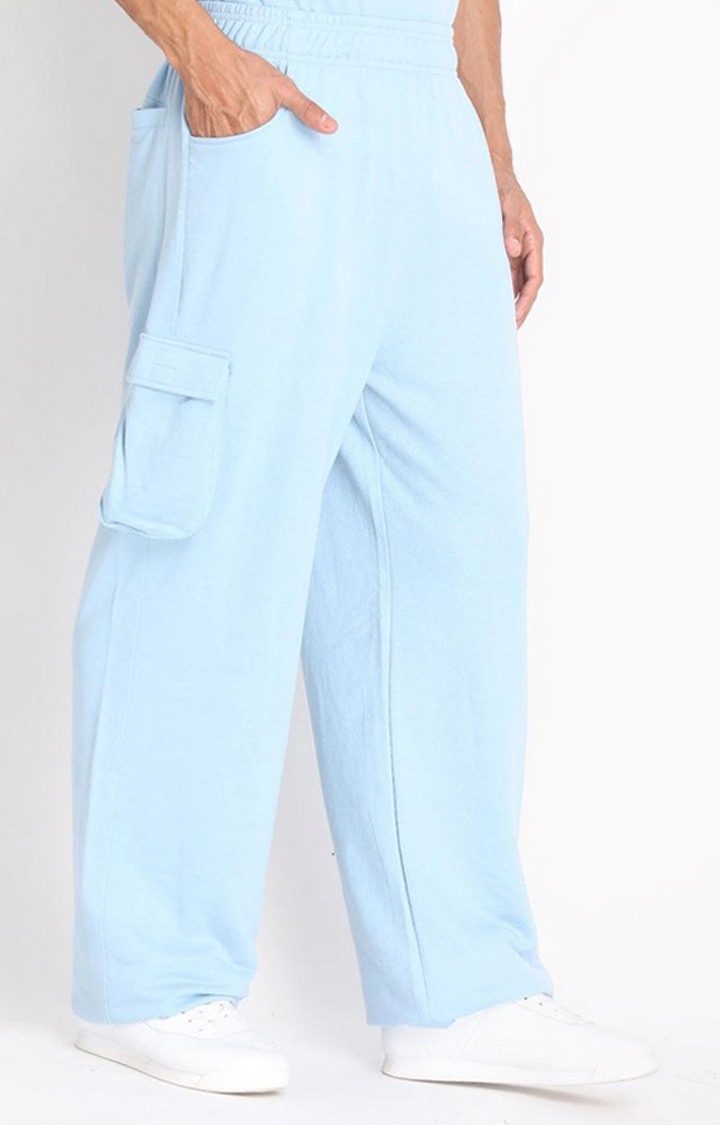 Men's Sky Blue Solid Cotton Cargo