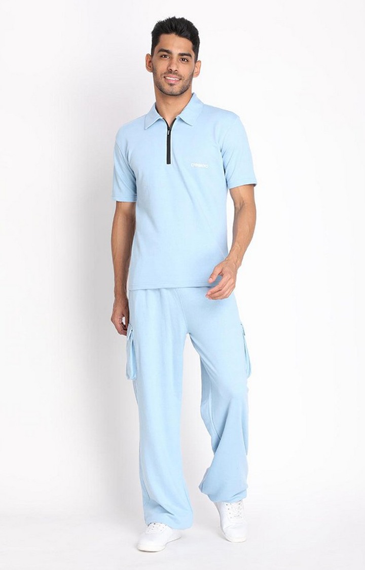 Men's Sky Blue Solid Cotton Cargo