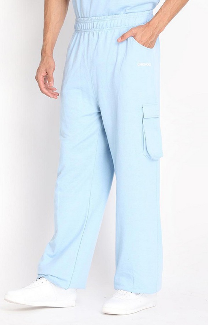Men's Sky Blue Solid Cotton Cargo