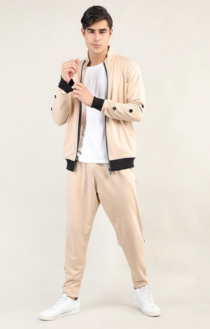 Men's Beige Solid Cotton Trackpant