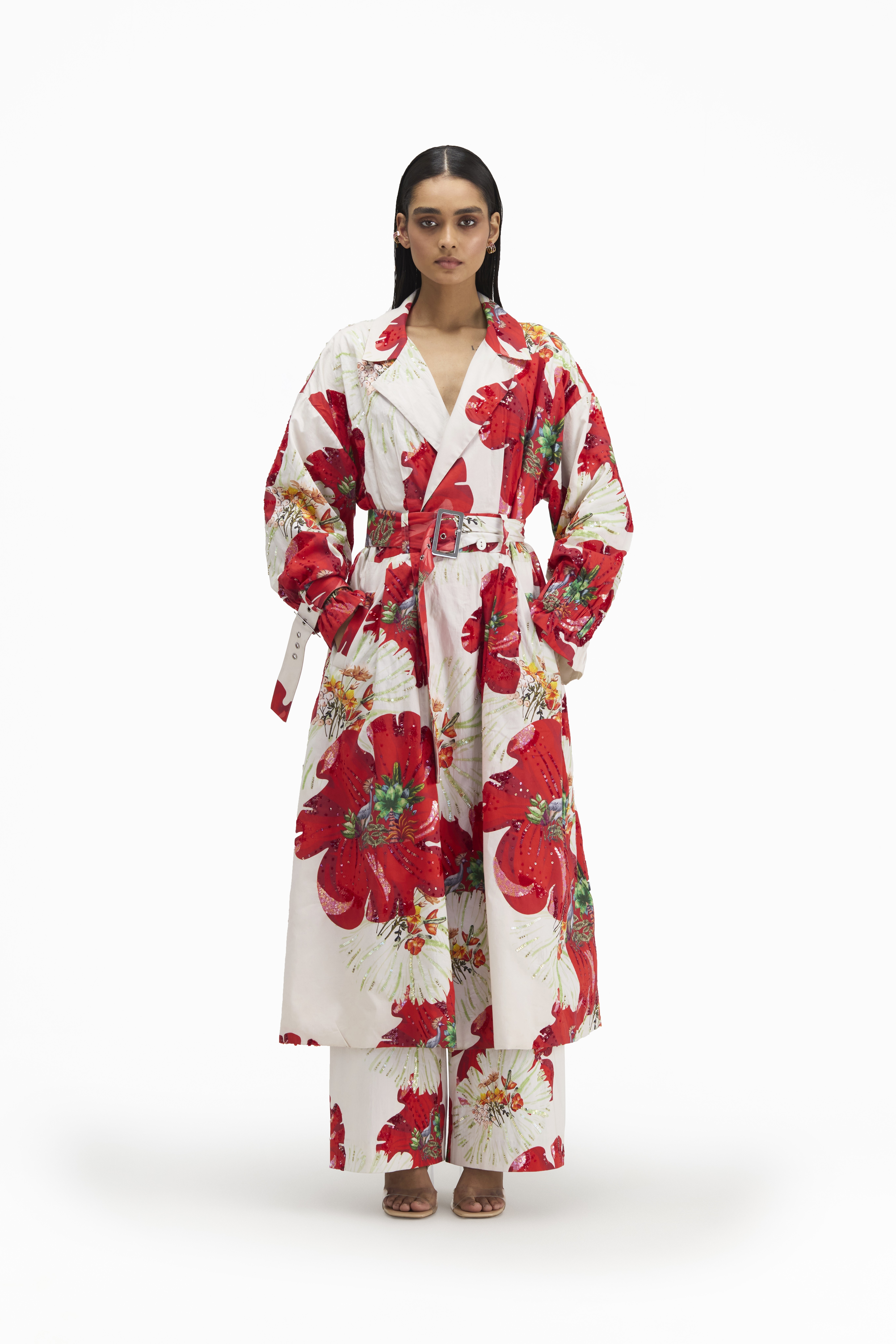 Women's White floral Printed and embroidered  Egyptian giza cotton  Oversized Trench