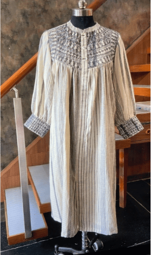 Stripes Grey Linen Puffy Sleeves Top   