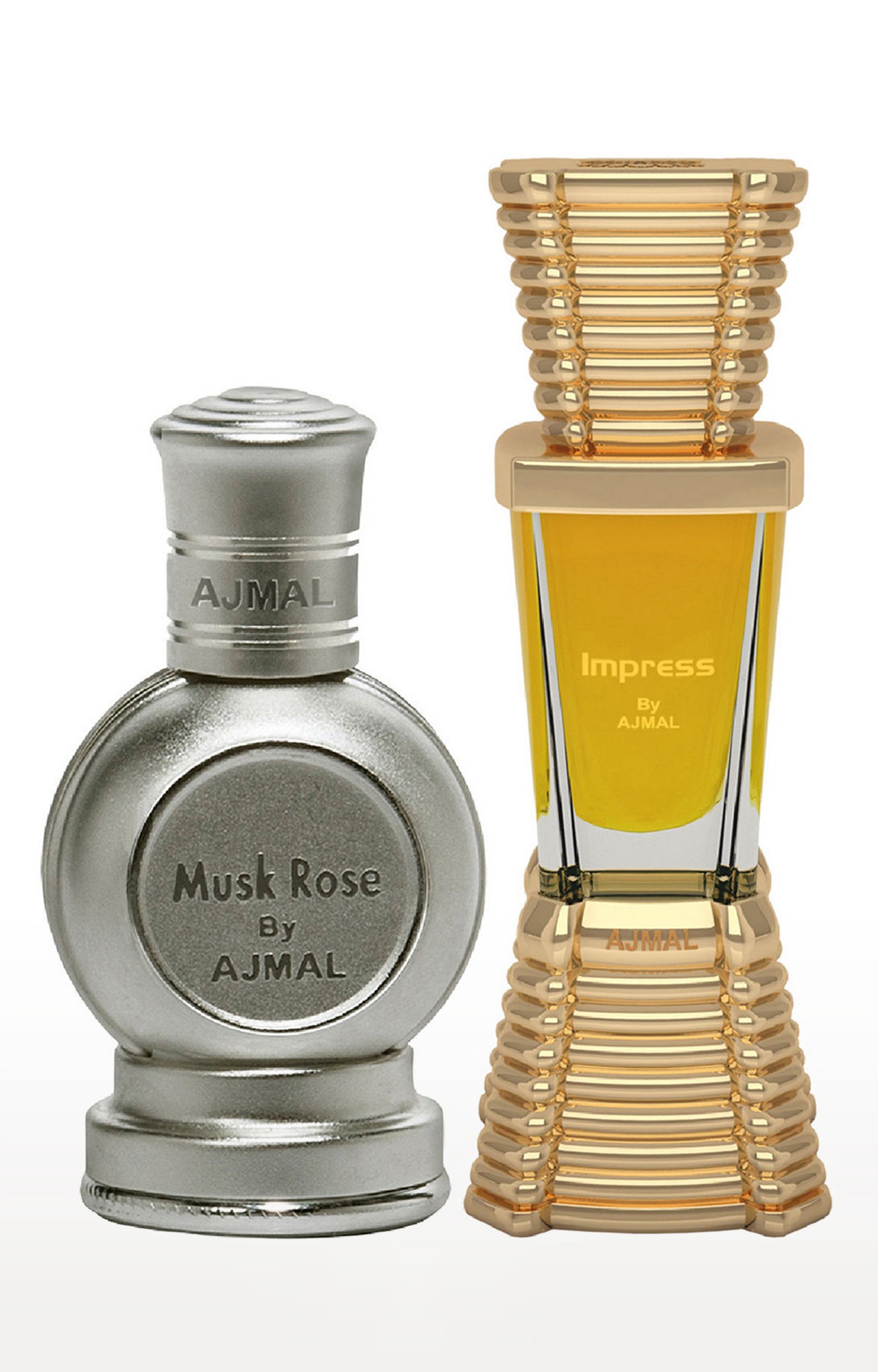 Ajmal Musk Rose Concentrated Perfume Oil Musky Alcohol-free Attar 12ml for Unisex and Impress Concentrated Perfume Oil Alcohol-free Attar 10ml for Men