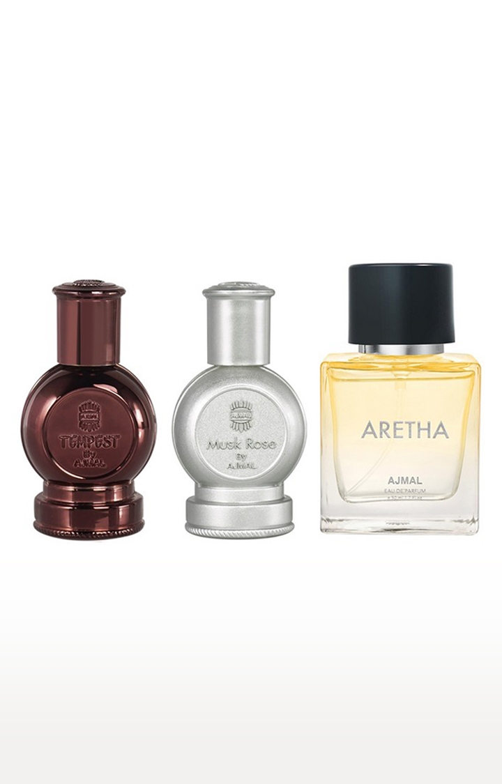 Ajmal | Ajmal Musk Rose Concentrated Perfume Oil Musky Alcohol-free Attar 12ml for Unisex and Tempest Concentrated Perfume Oil Alcohol-free Attar 12ml for Unisex and Aretha EDP 50 ml For Women Pack of 3 ( FREE) 0
