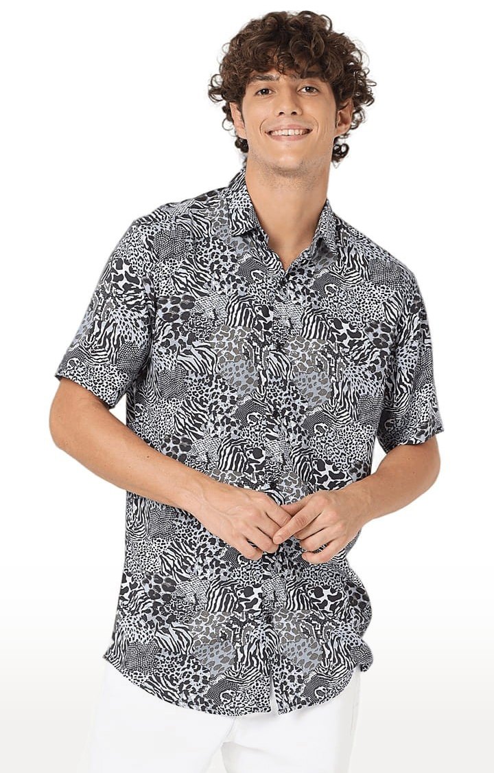 Men's Grey Rayon Printed Casual Shirt
