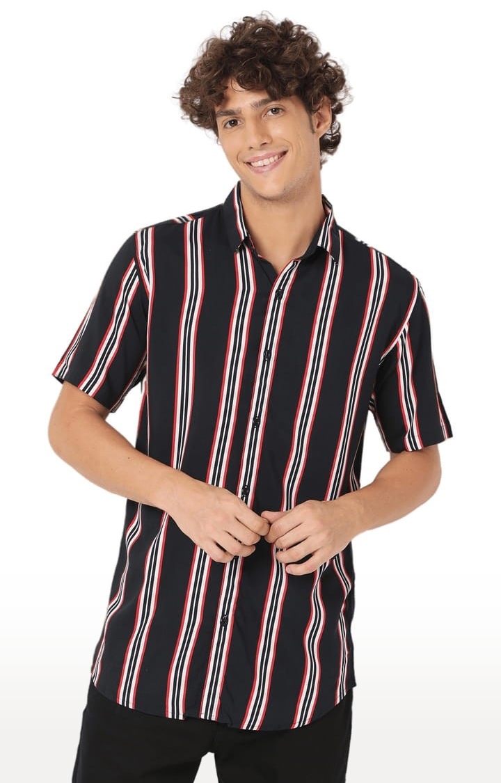 7 Shores Clothing | Men's Black Rayon Striped Casual Shirt 0