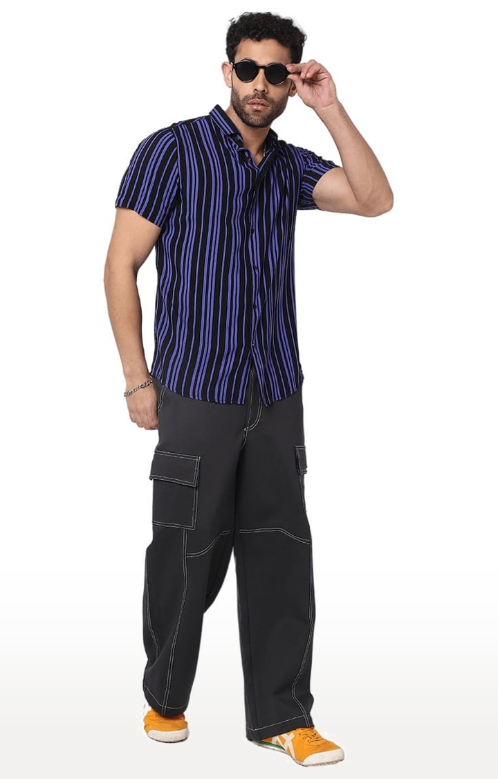7 Shores Clothing | Men's Black Rayon Striped Casual Shirt 1