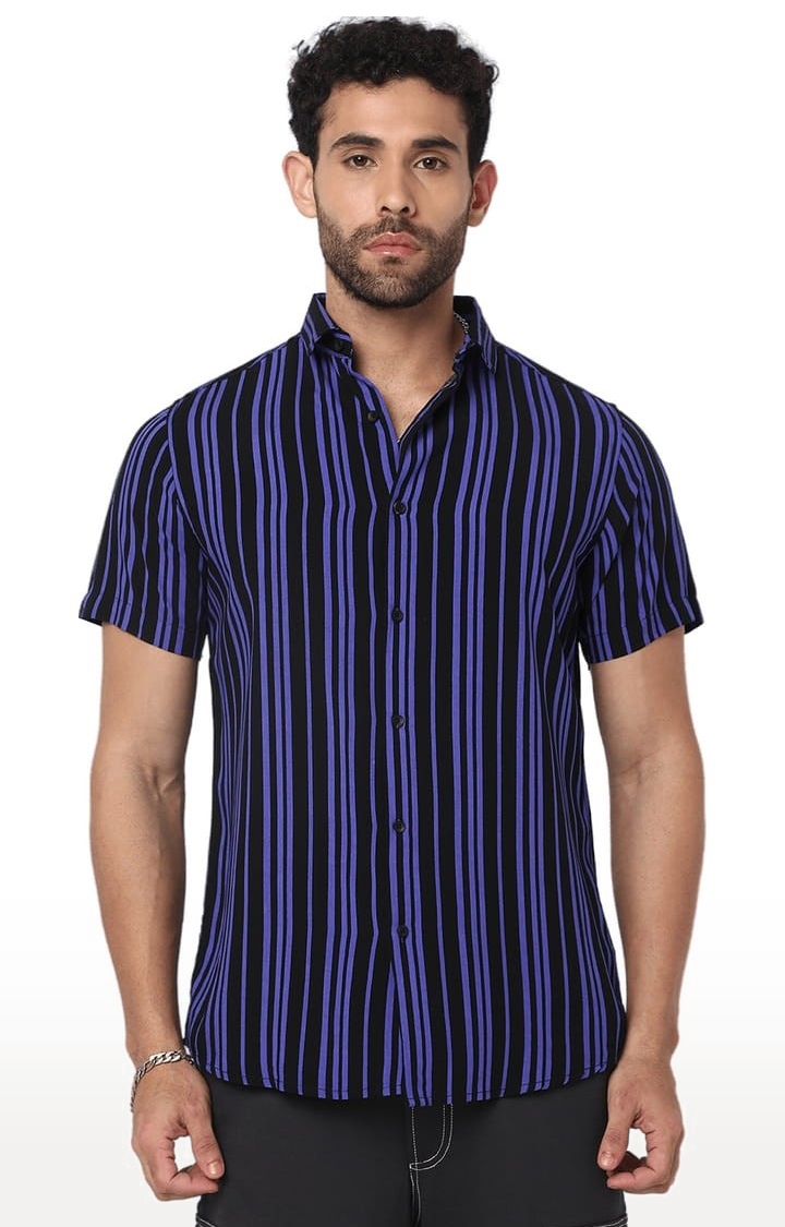 7 Shores Clothing | Men's Black Rayon Striped Casual Shirt 0