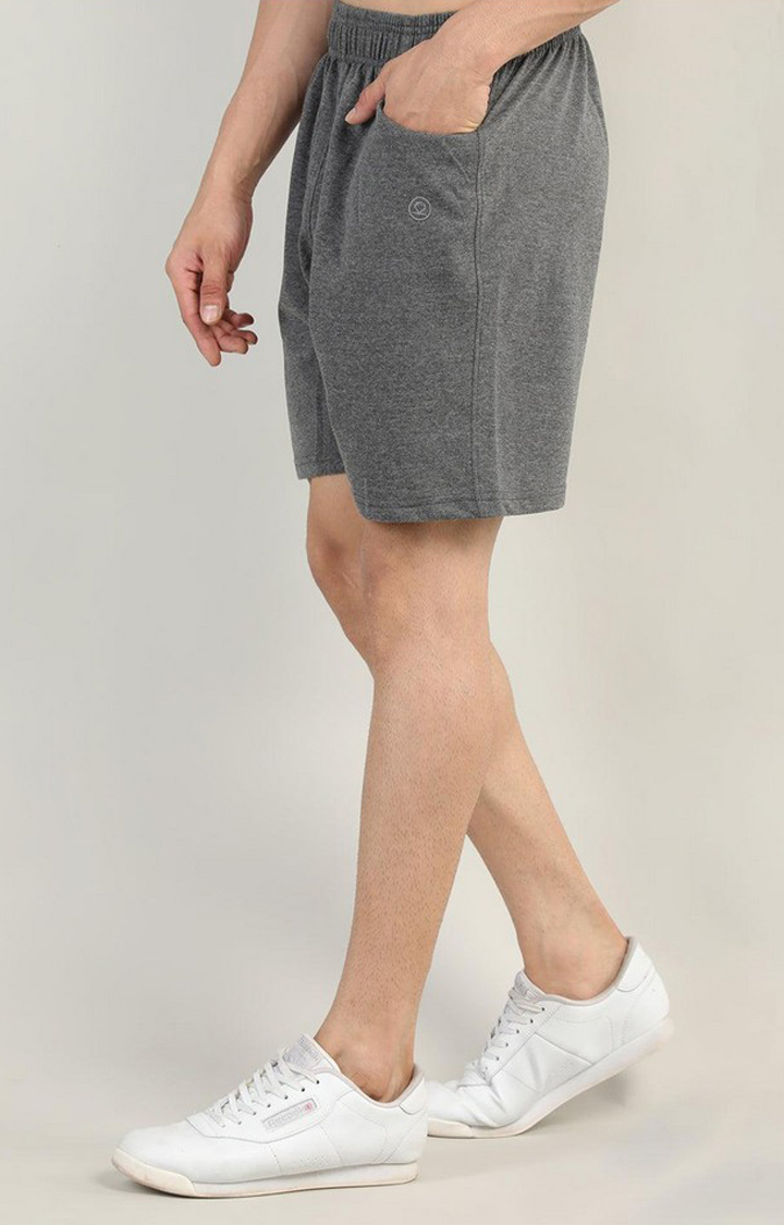 Men's Grey Melange Textured Cotton Activewear Shorts