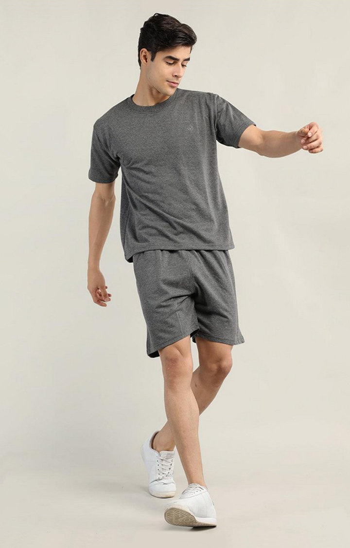 Men's Grey Melange Textured Cotton Activewear Shorts