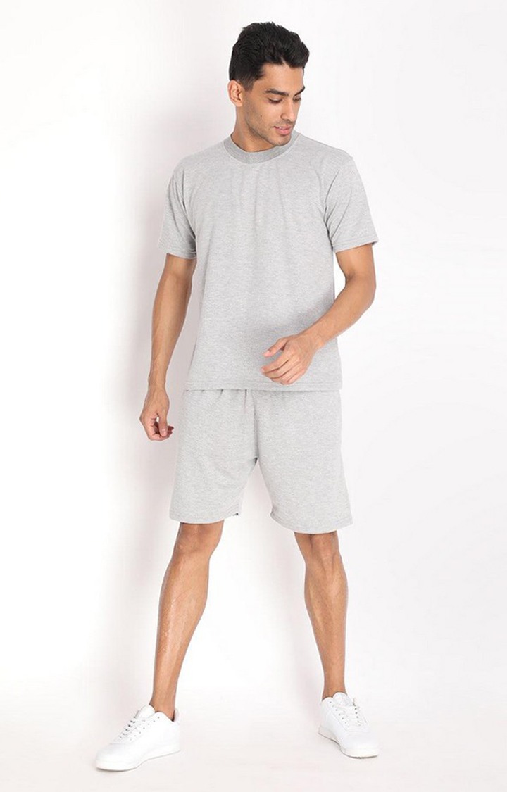 Men's Grey Melange Textured Cotton Activewear Shorts