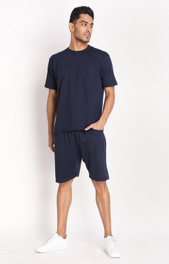 Men's Navy Blue Solid Cotton Activewear Shorts