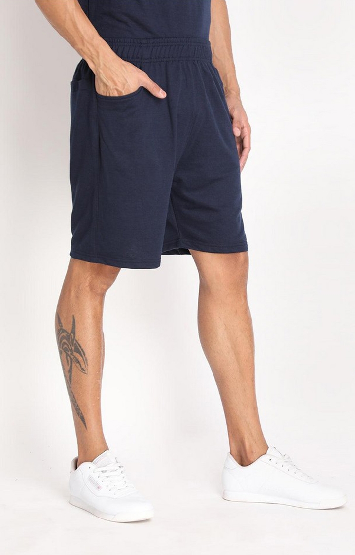 Men's Navy Blue Solid Cotton Activewear Shorts
