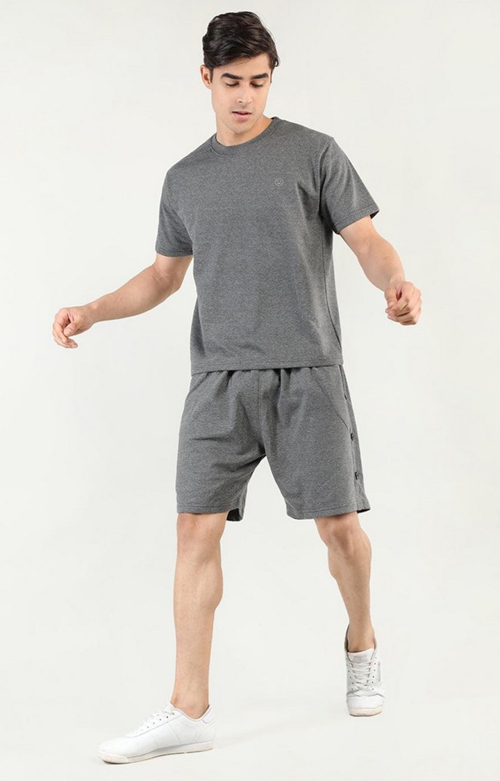 Men's Grey  Melange Textured Cotton Activewear Shorts
