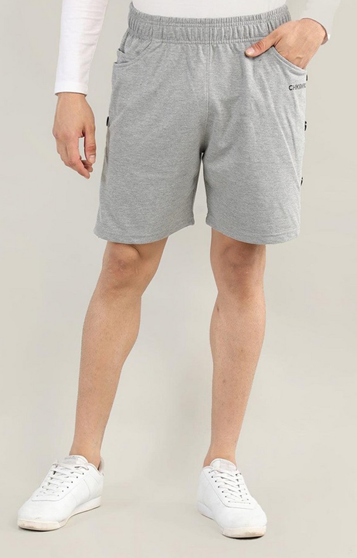 Men's Grey Melange Textured Cotton Activewear Shorts