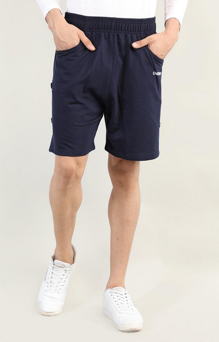CHKOKKO | Men's Navy Blue Solid Cotton Activewear Shorts