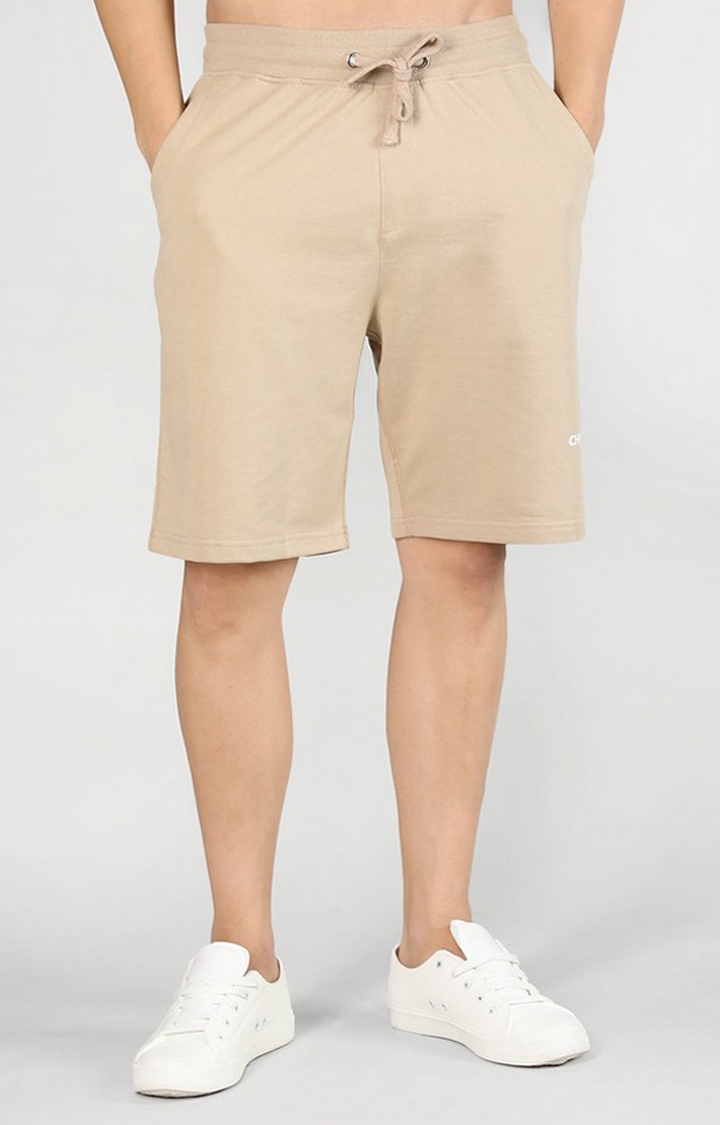 Men's Beige Solid Cotton Shorts