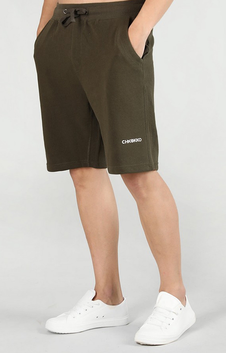 Men's Olive Green Solid Cotton Activewear Shorts