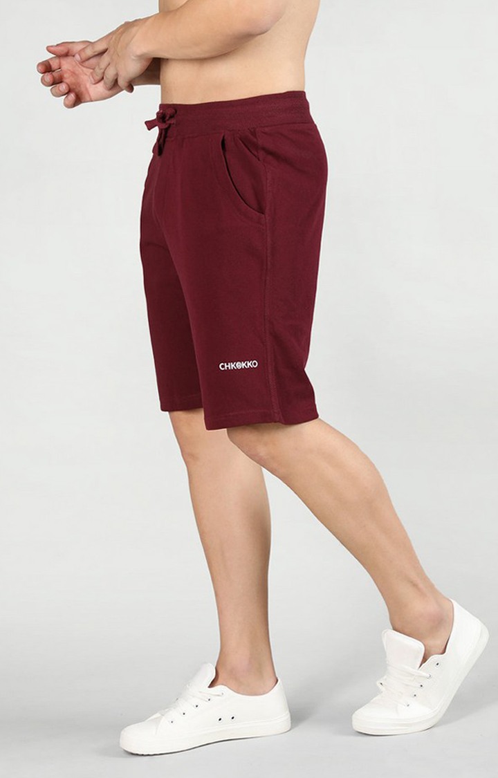 Men's Wine Red Solid Cotton Shorts