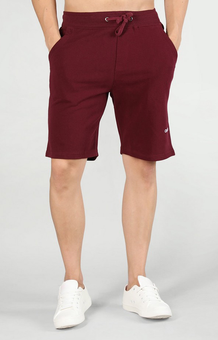 Men's Wine Red Solid Cotton Shorts