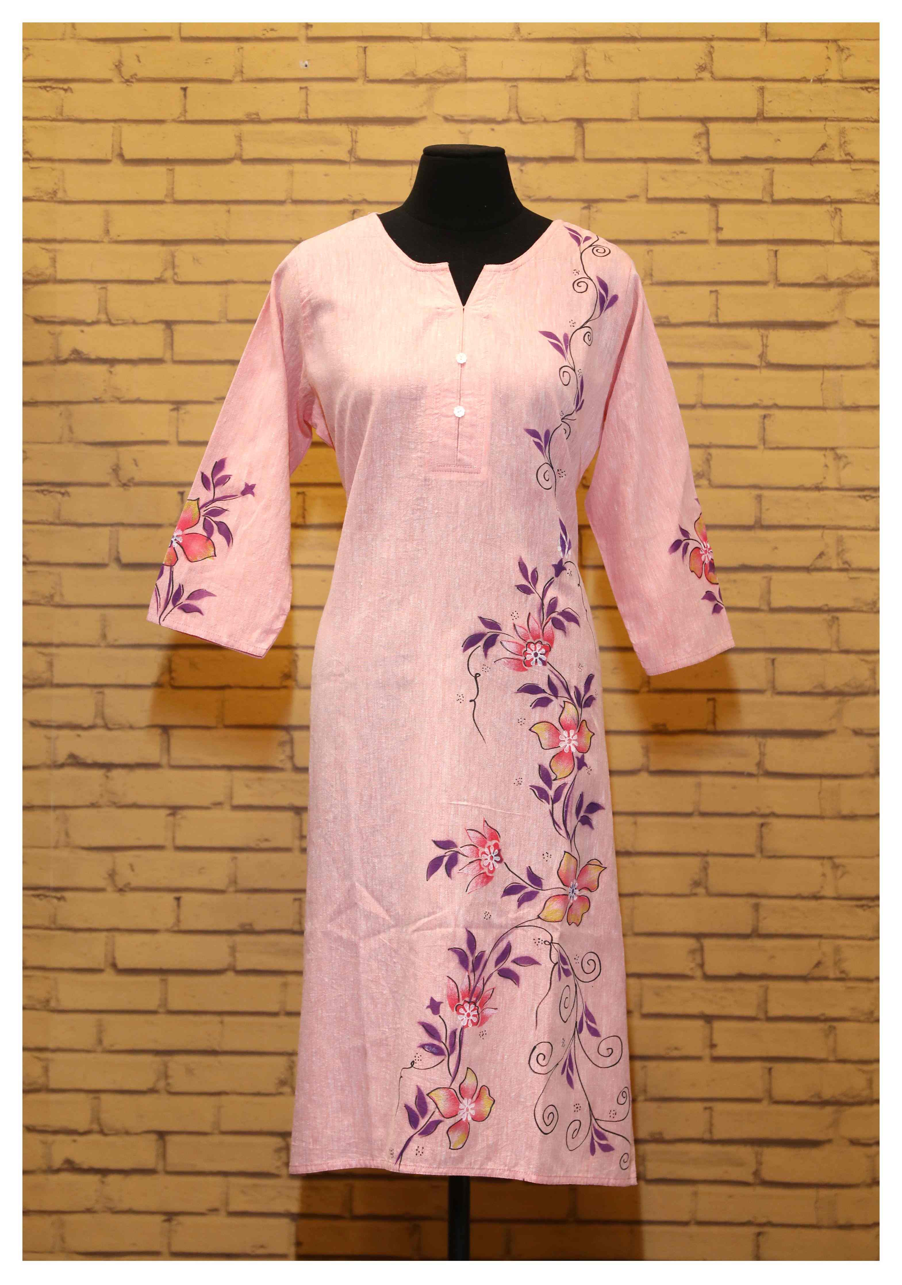 Ladies Linen Long Handpainted Tunic Kurti-Peach