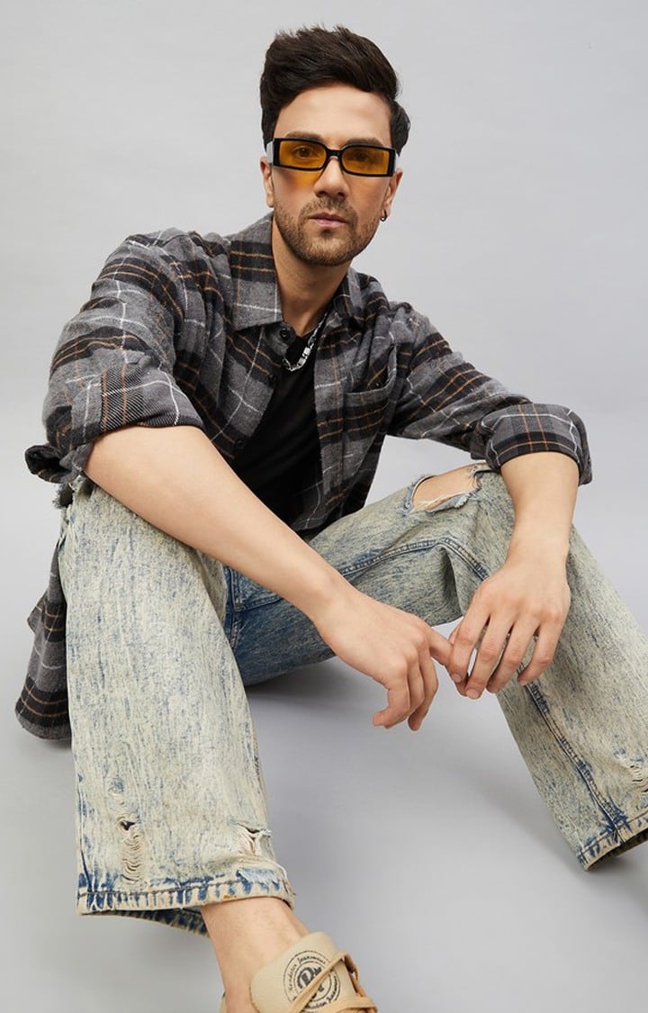 Chimpaaanzee Men Grey & Brown Oversized Fit Shirt