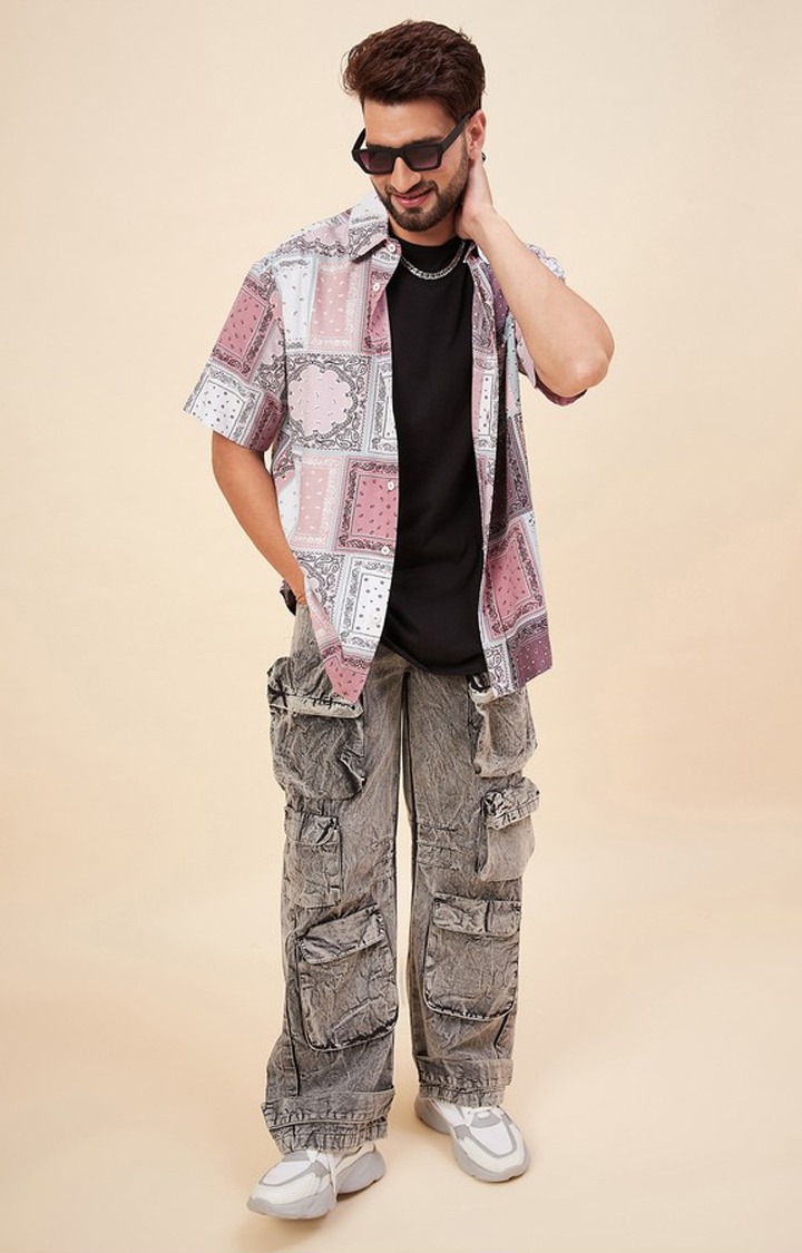 Chimpaaanzee Men Pink & White Oversized Fit Shirt