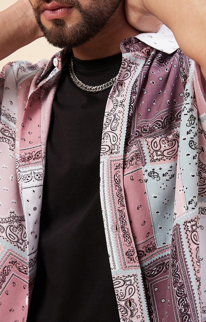 Chimpaaanzee Men Pink & White Oversized Fit Shirt